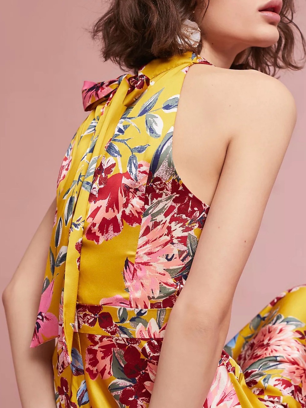 Nicole Miller Yellow Floral Halter Tie-Back Dress